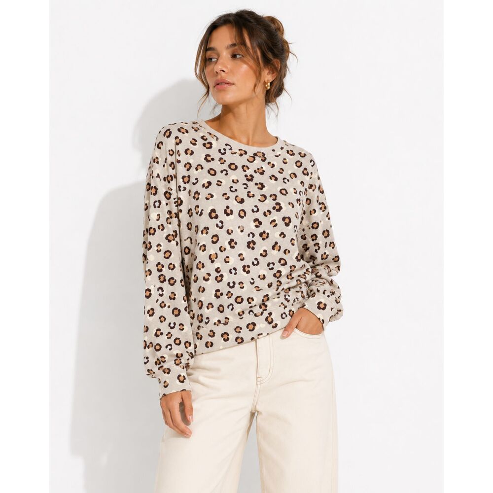 Ann Taylor Women Leopard Print Sweatshirt Small Balloon Sleeve Animal Print Cozy